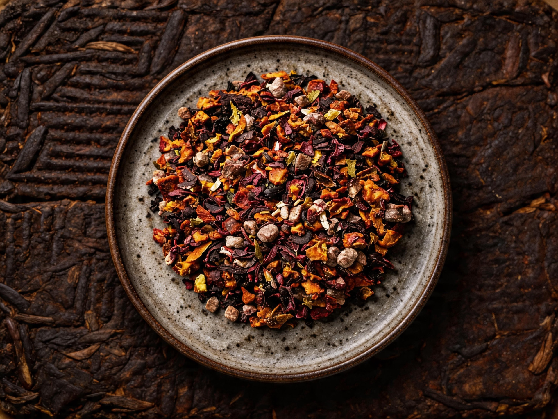 Bowl of crushed red and orange spices on a dark textured surface