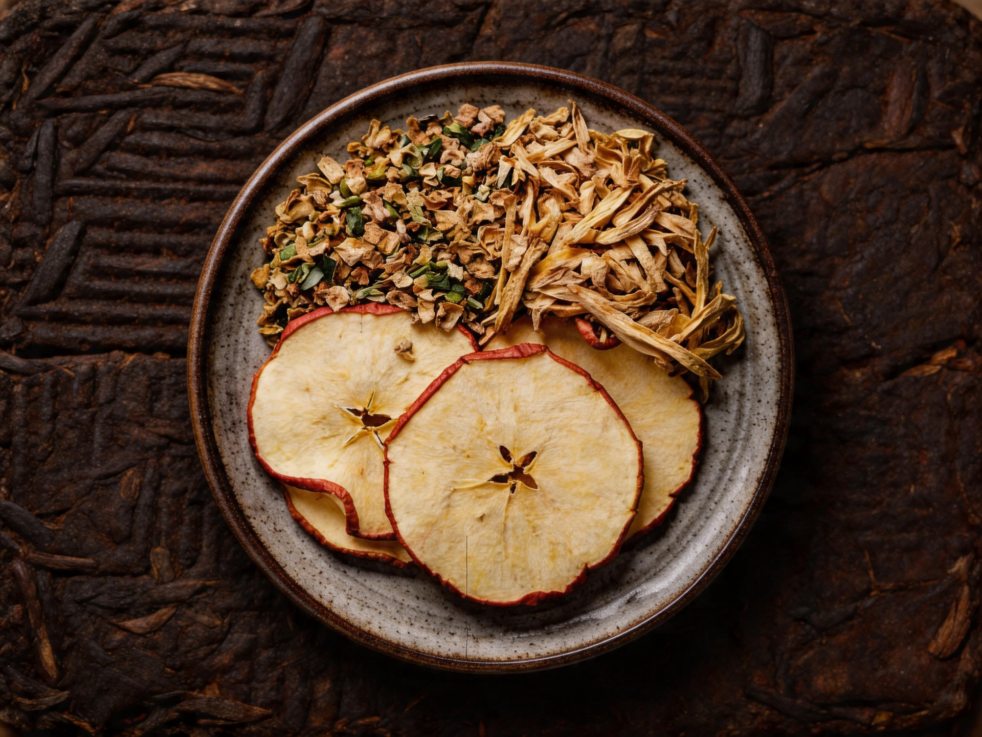 Plate of sliced apples, quinoa, and mushrooms on a dark textured table.