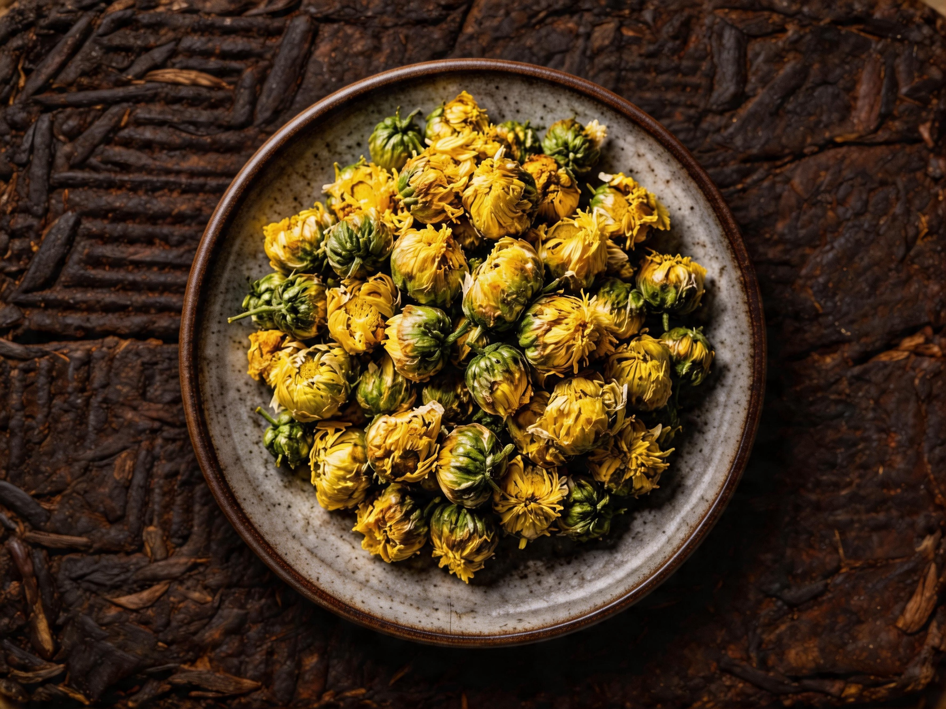Plate of golden fried dumplings on a dark textured surface