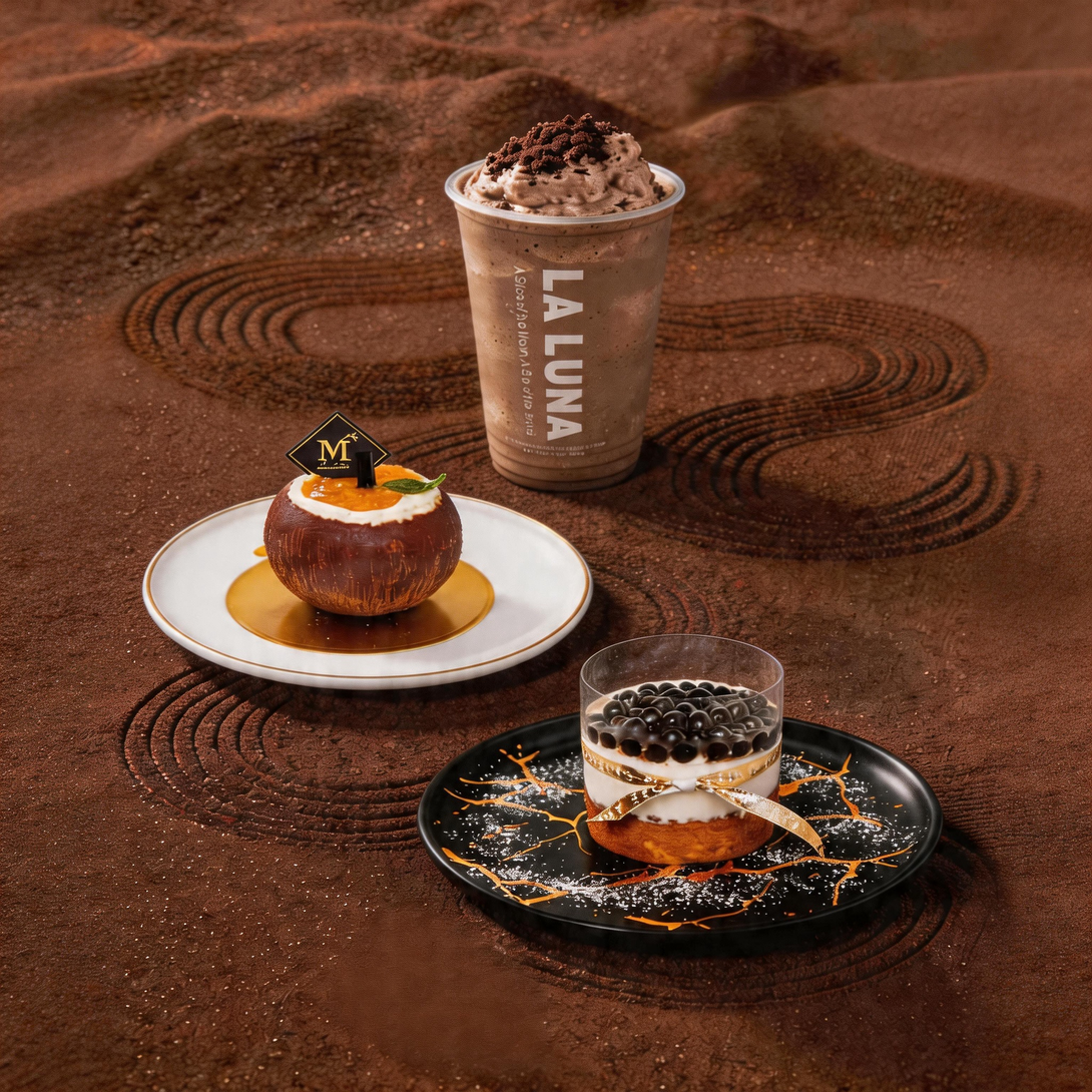 Three plated desserts and a chocolate drink on a brown textured surface with a sandy swirl pattern