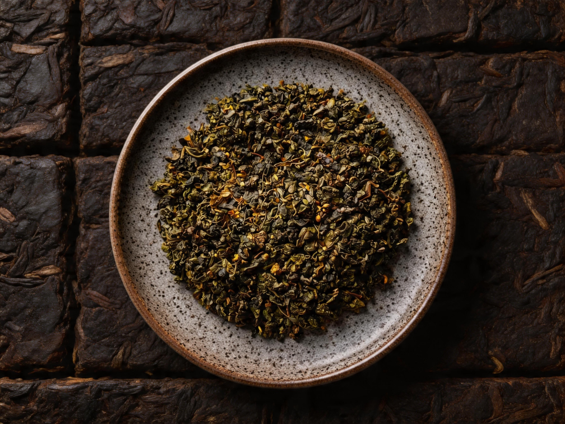 A bowl of loose tea leaves on a dark stone surface.
