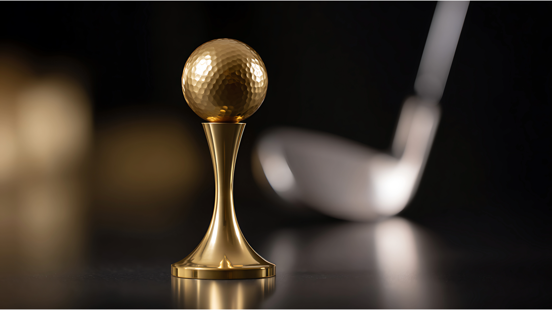 A gold-colored golf ball sits on a matching pedestal, with a blurred golf club visible in the background.