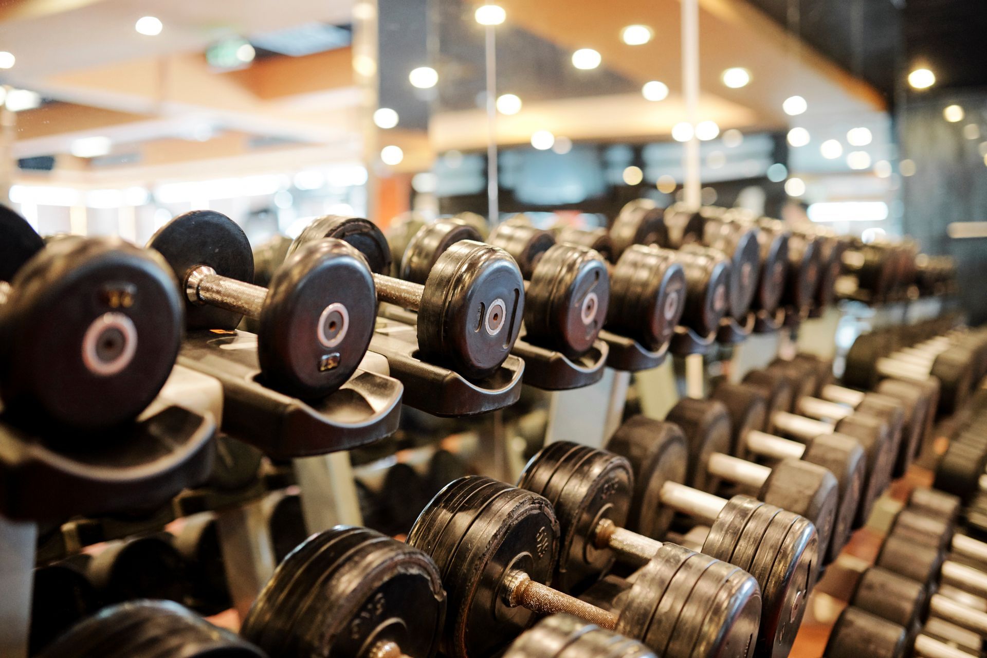 Rows of black dumbbells arranged on tiered racks in a bright, modern gym setting.