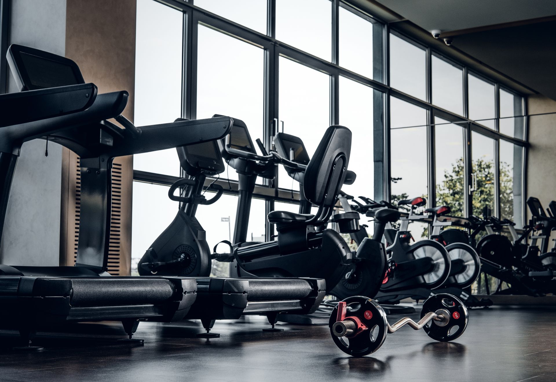 A row of exercise equipment, including treadmills and stationary bikes, inside a gym with large floor-to-ceiling windows.