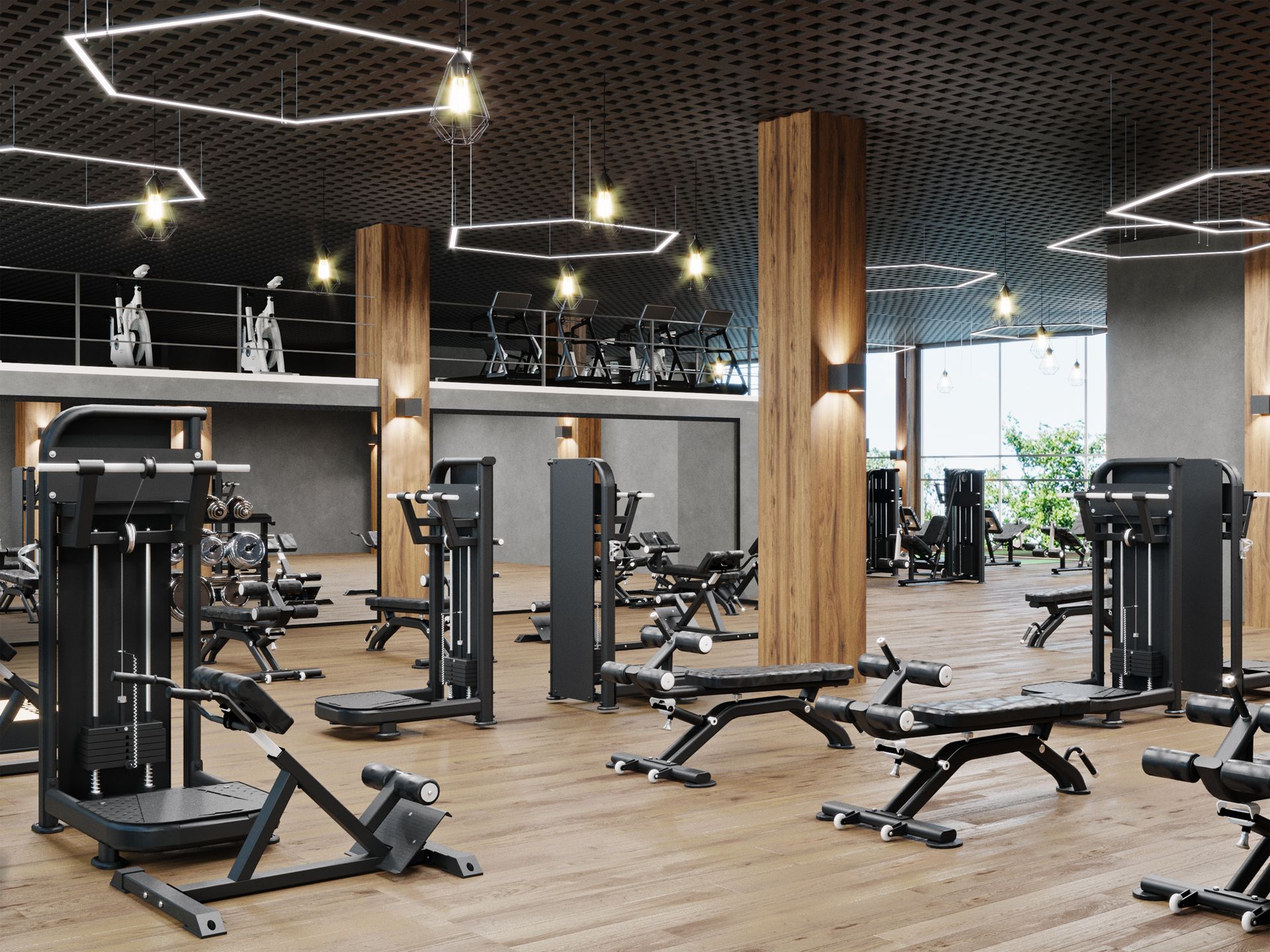 Modern gym interior with exercise machines, wooden support pillars, and hexagon-shaped ceiling lights.