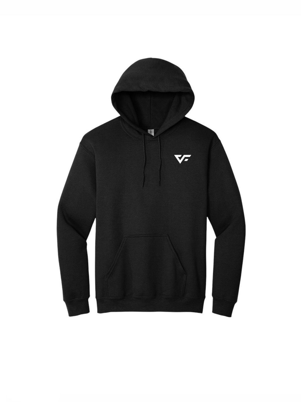 A black pullover hooded sweatshirt with a white logo on the left chest.