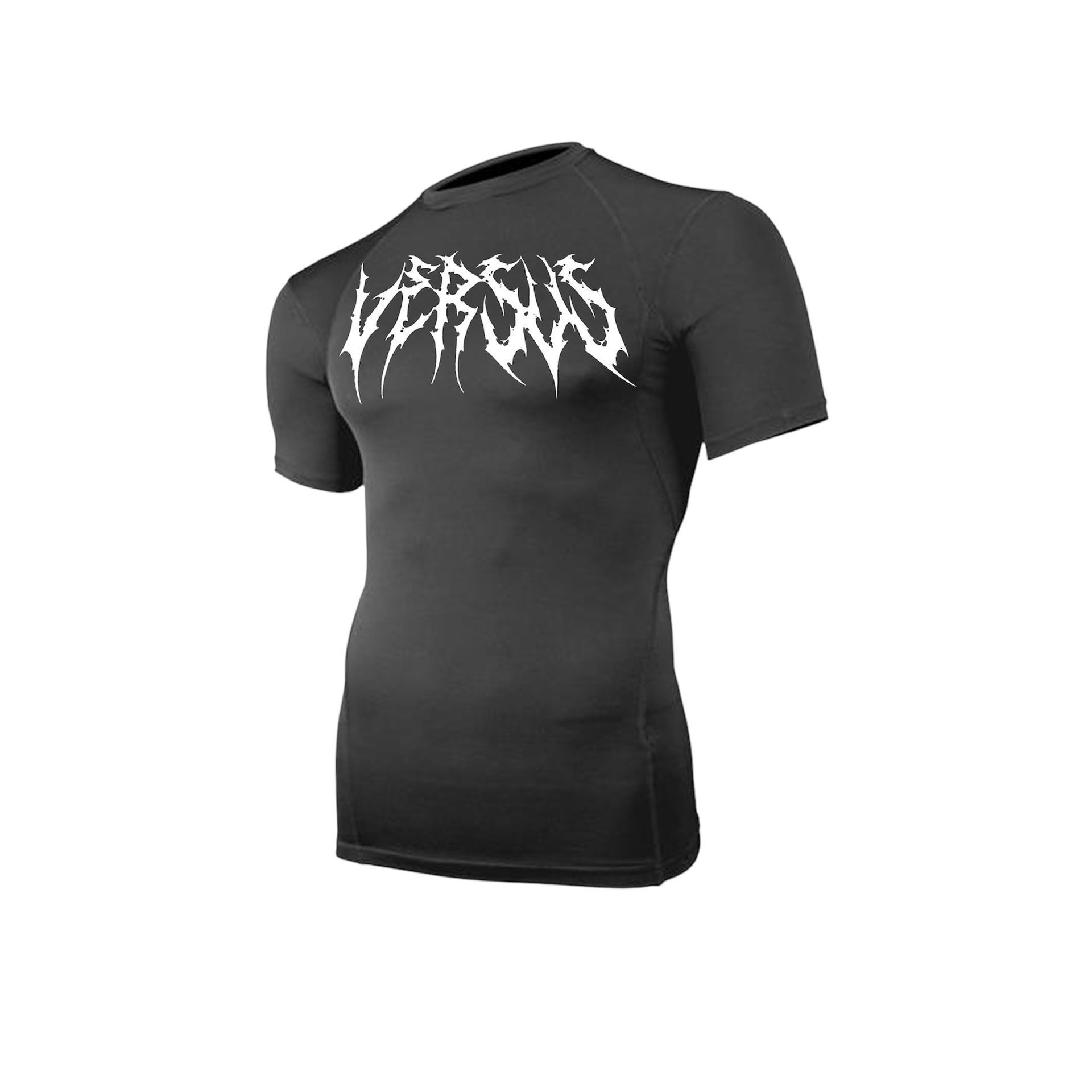 Black short-sleeved athletic compression shirt featuring a white, jagged "VERSUS" logo on the chest.