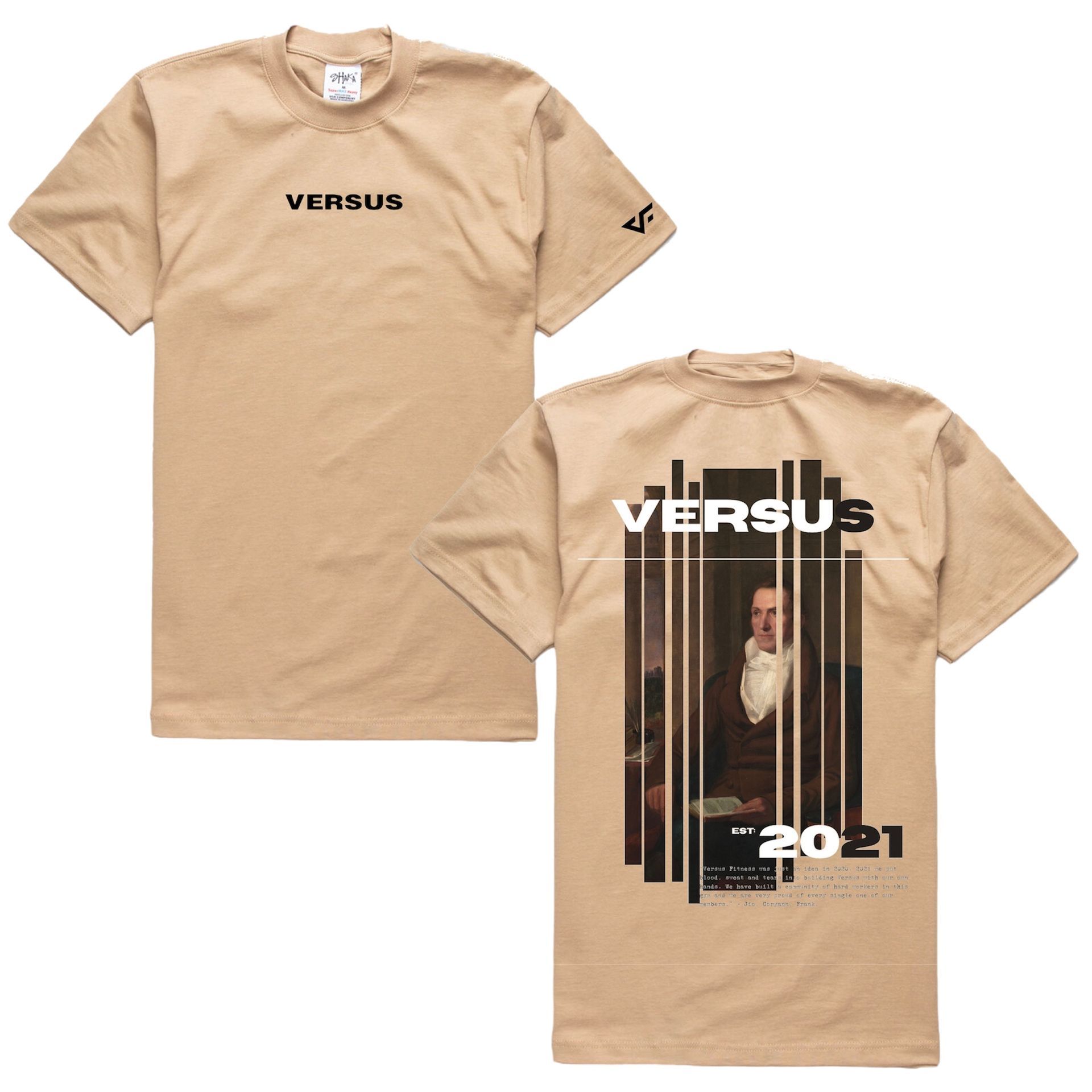 Tan t-shirt shown from front and back. The back features a portrait behind vertical bars with the text "VERSUS 2021."