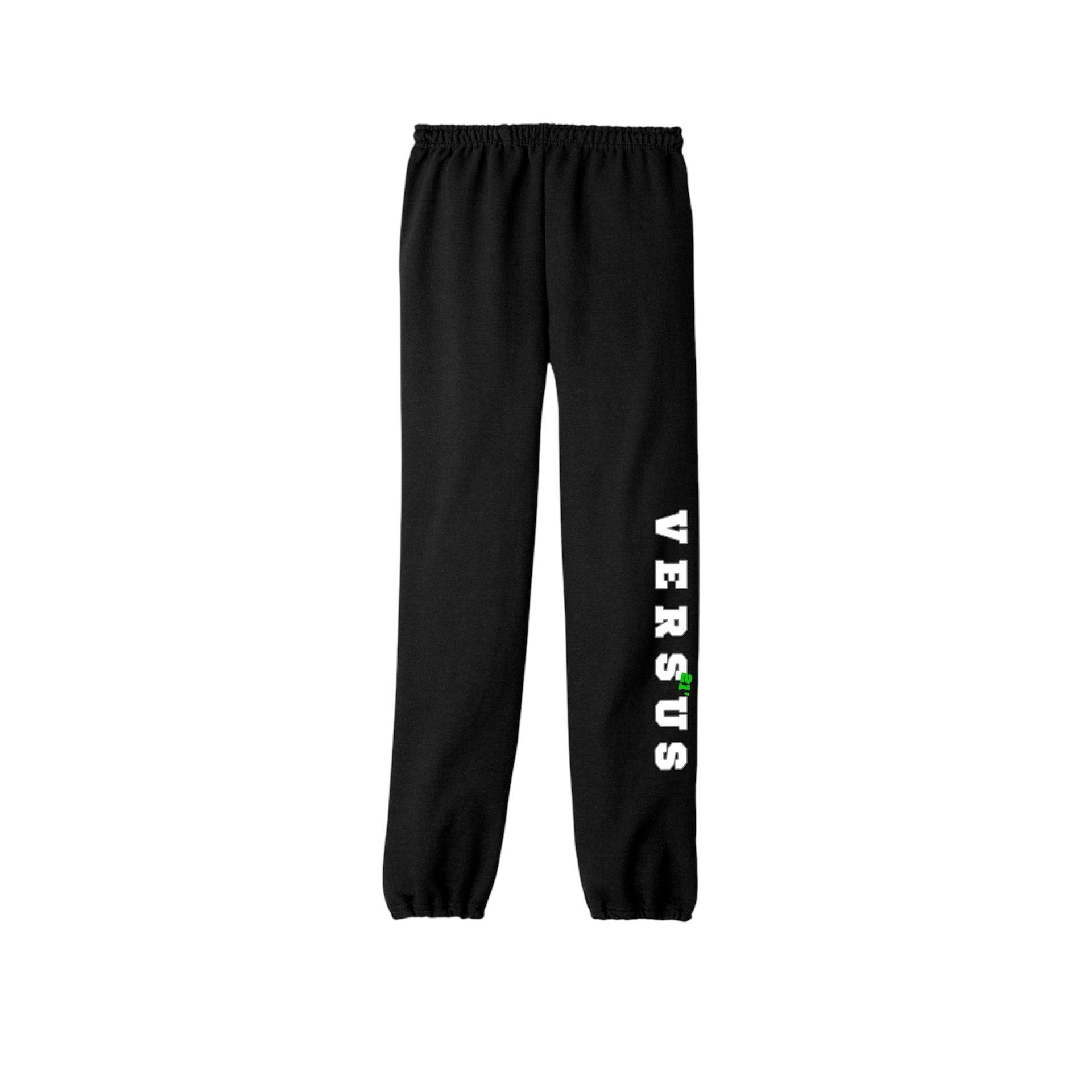 Black sweatpants with the word "VERSUS" printed vertically in white capital letters on the left leg.