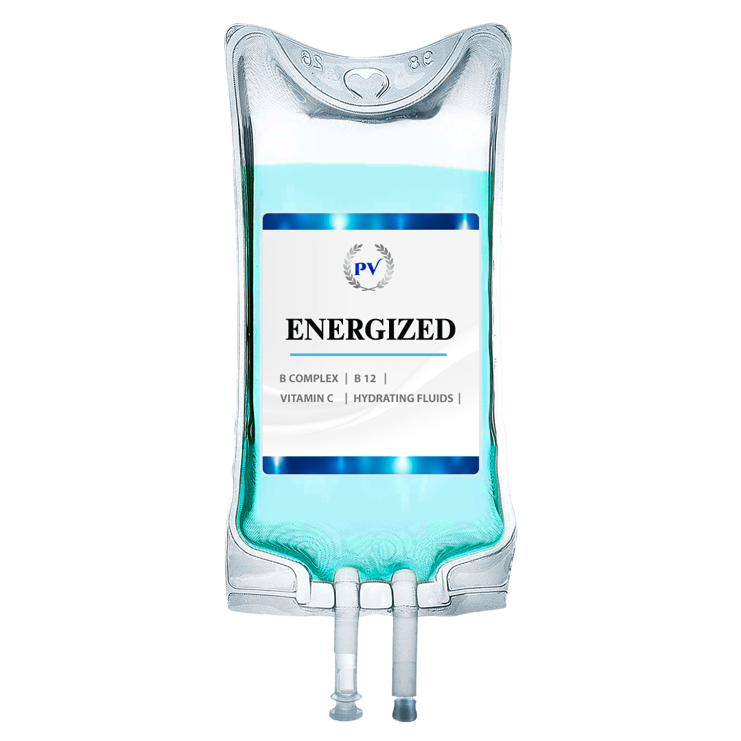 A bag of blue liquid with a label that says `` energized ''.