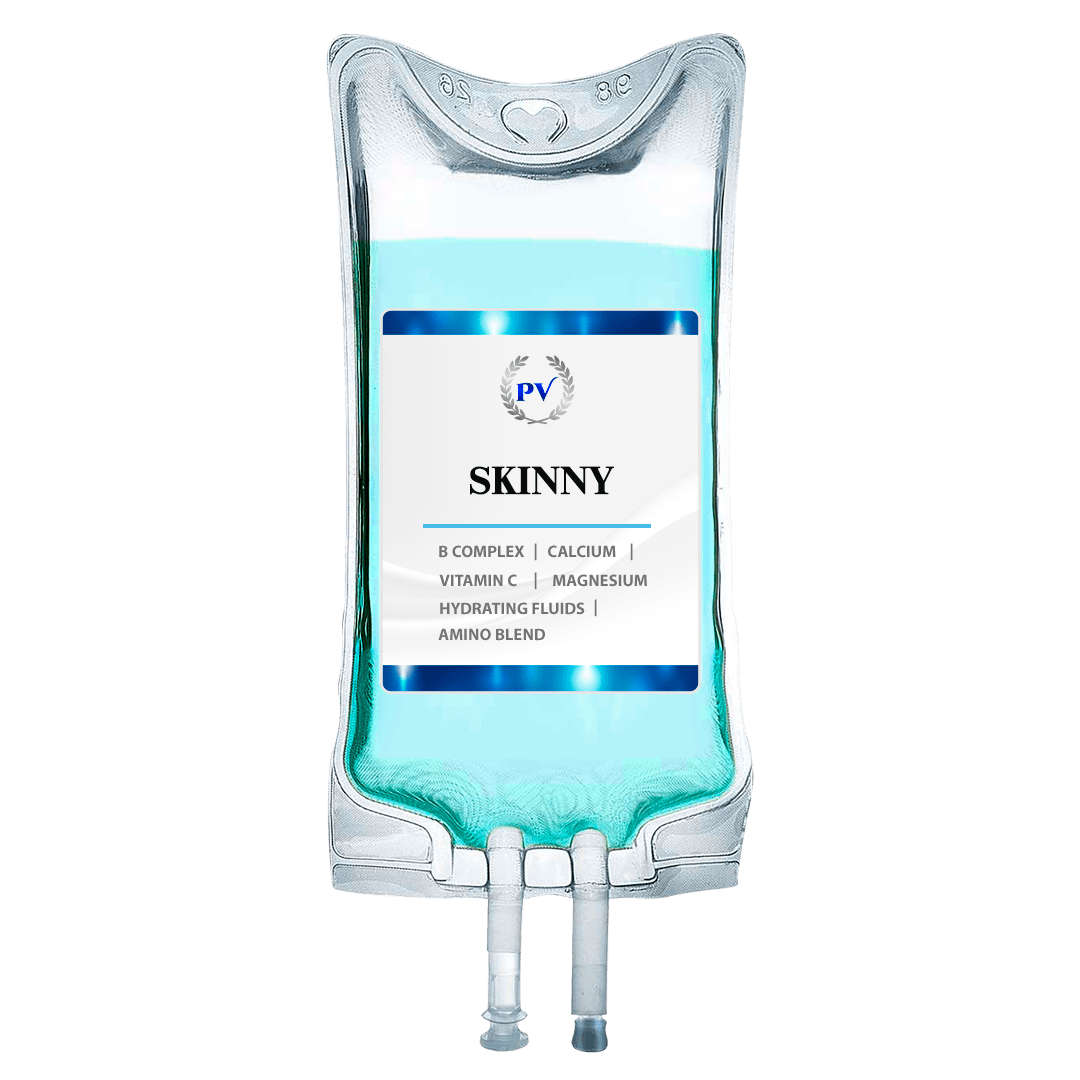 A skinny injection bag with a blue liquid in it.