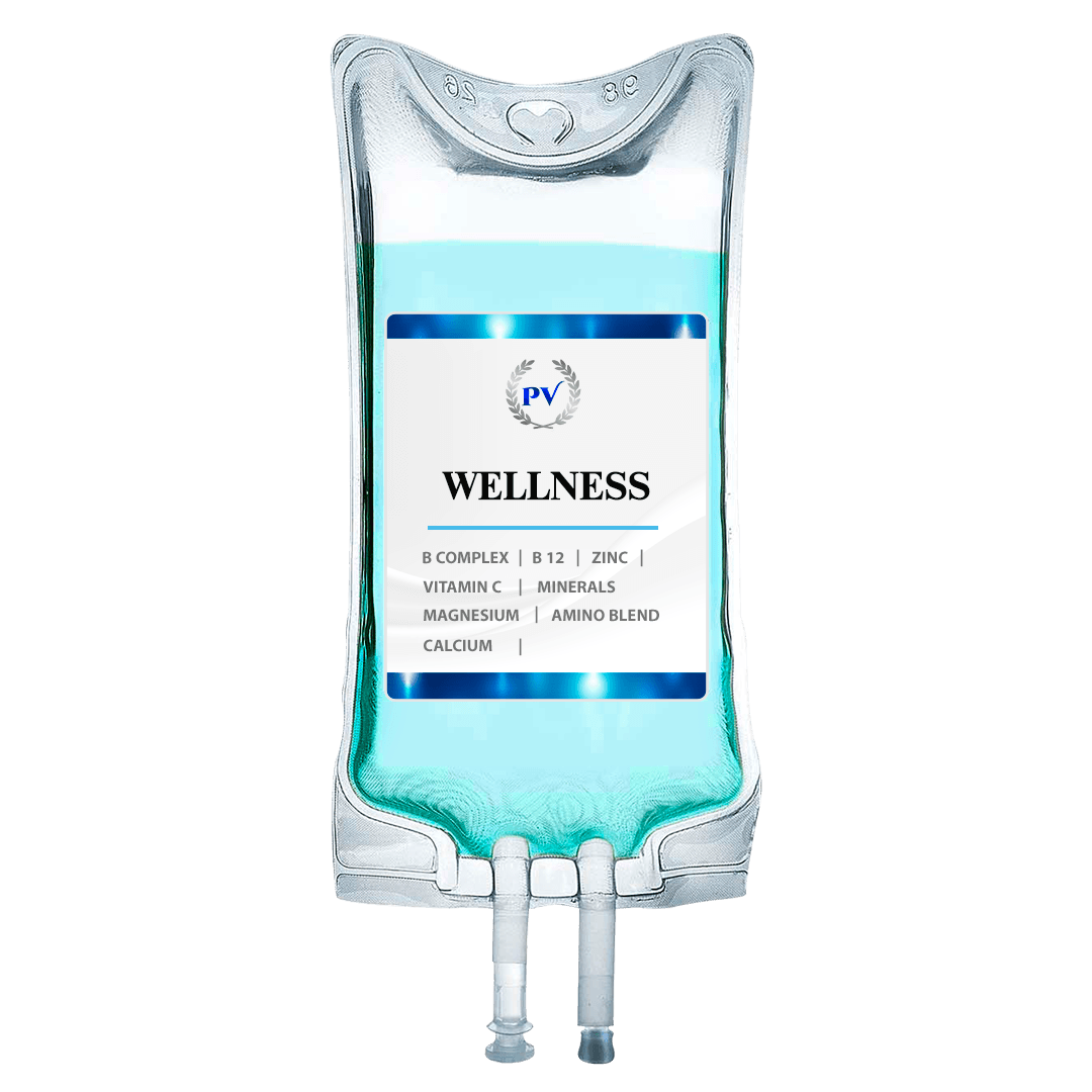 A bag of water with a label that says wellness on it.