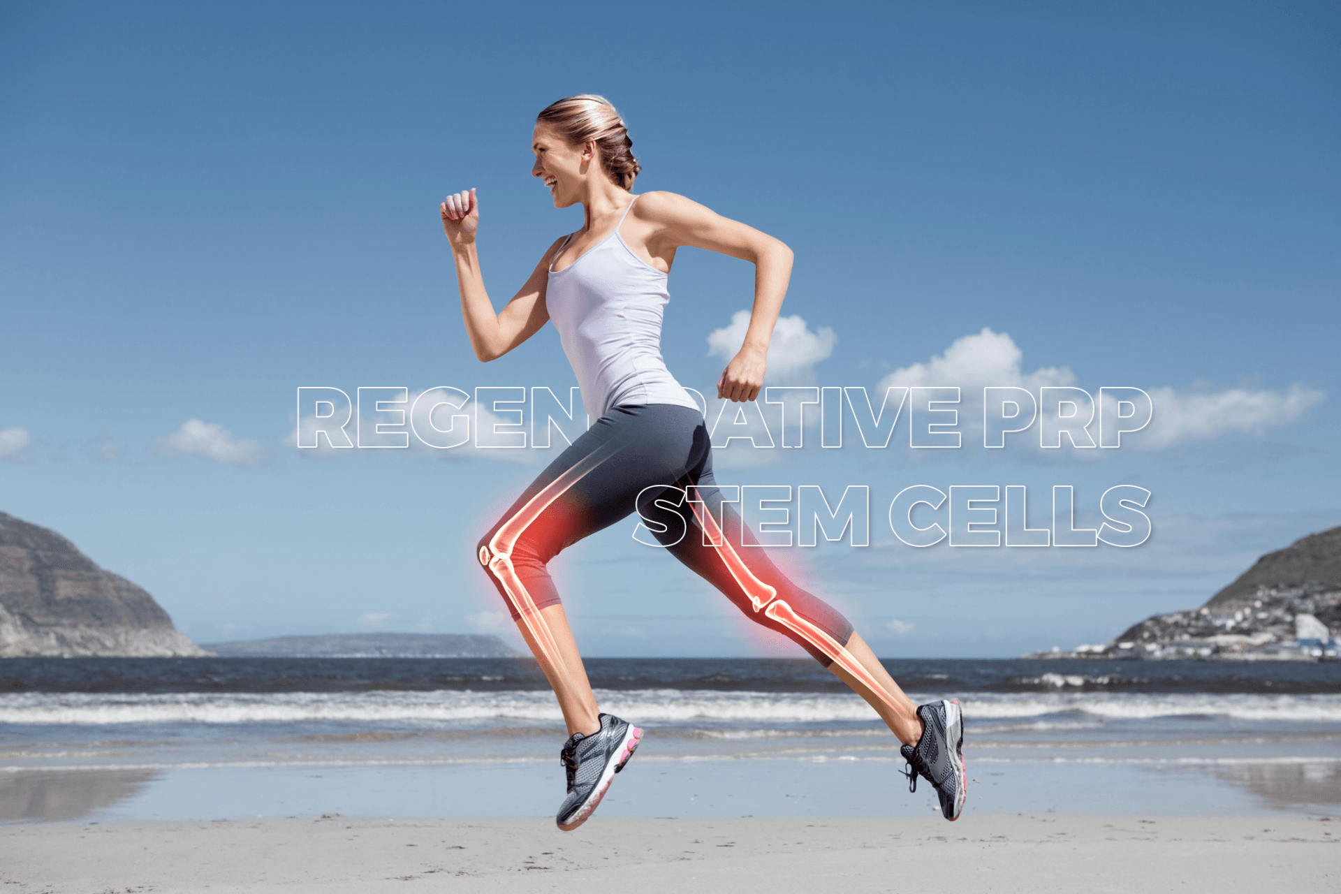 A woman is running on the beach with a skeleton visible on her legs.