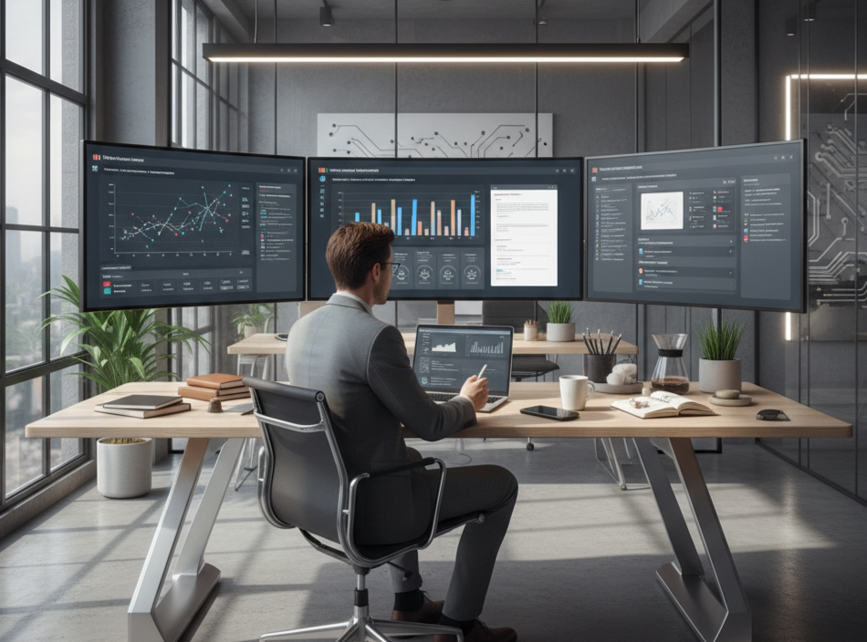 Man analyzing data on multiple screens, showcasing the use of AI tools in digital marketing