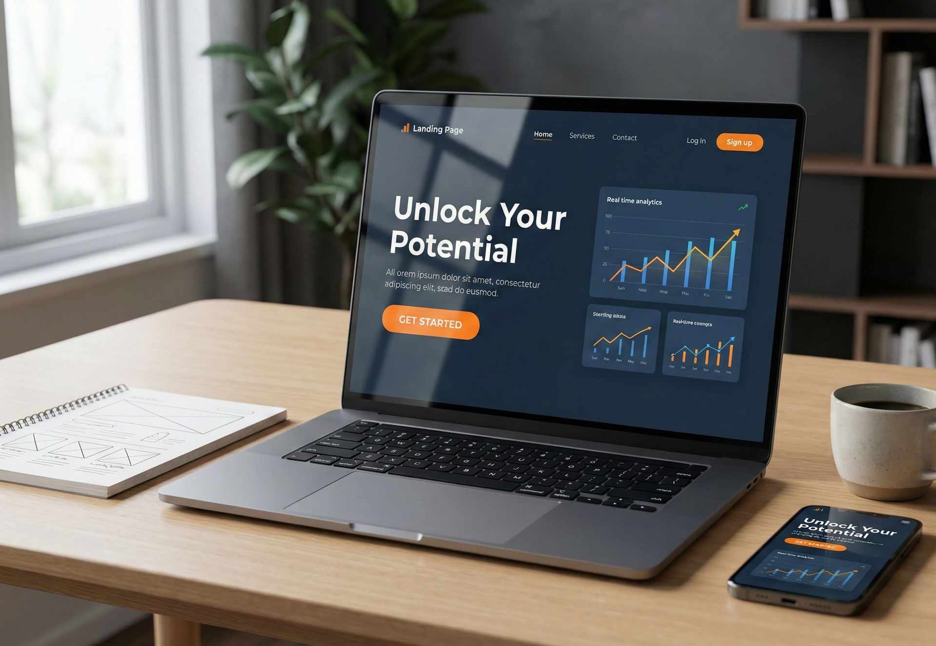 Sleek landing page example on a laptop showing a strong headline and analytics for high conversion.