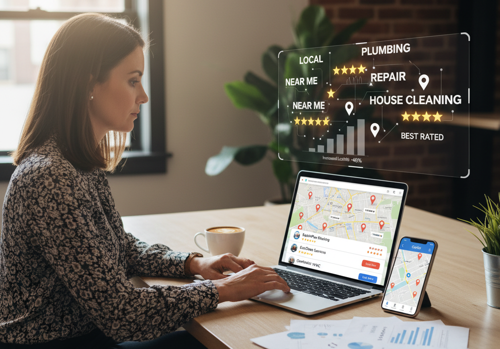 Woman using laptop for local search marketing