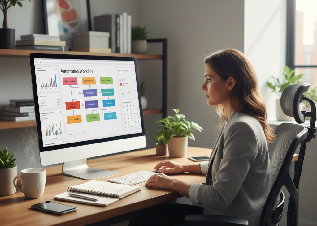 Small business owner reviewing a marketing automation workflow on a desktop.