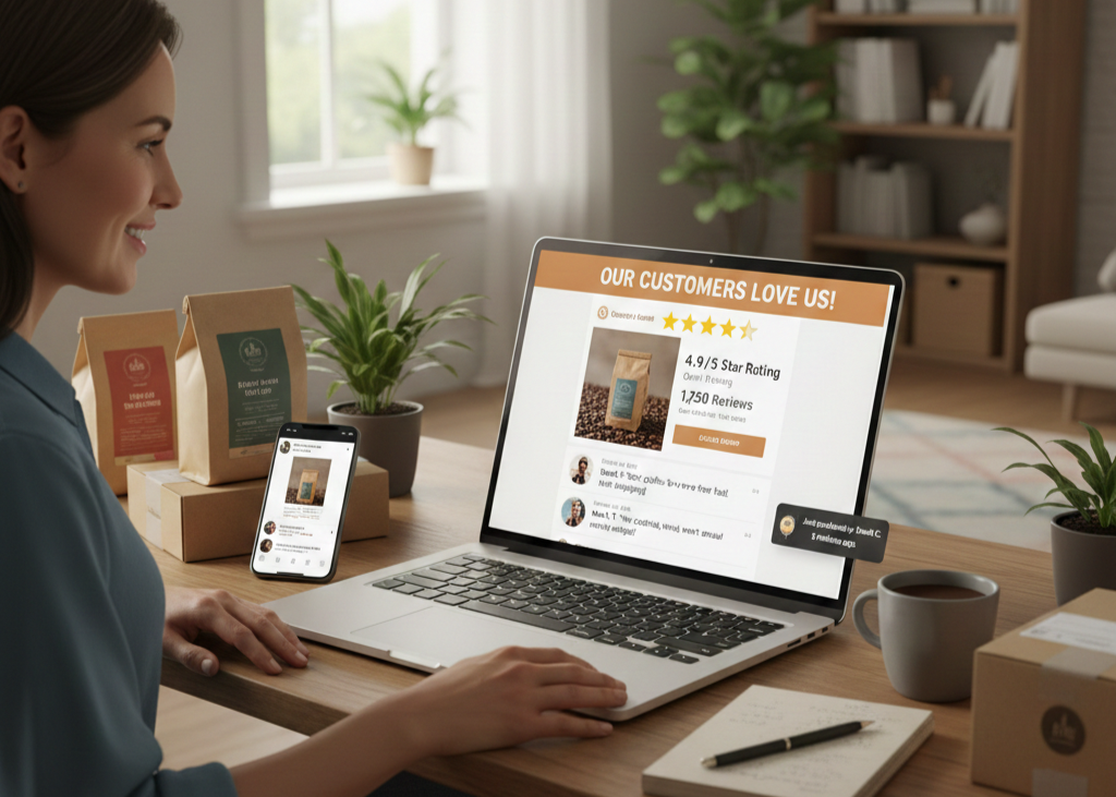 Small business owner viewing positive customer reviews and star ratings on a laptop.