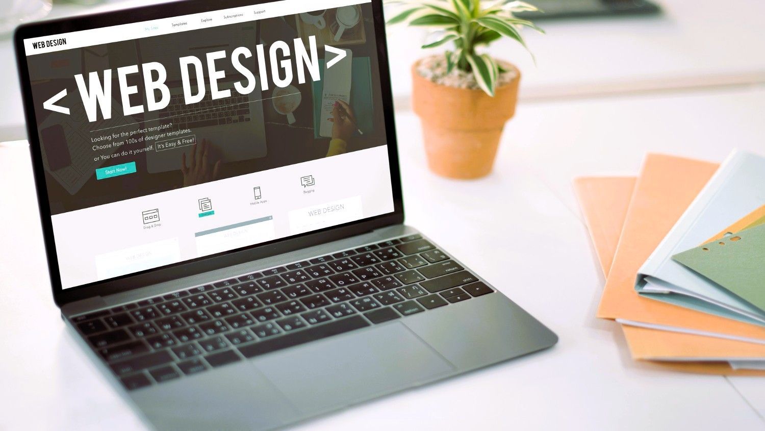 Laptop with web design site, call-to-action button, and nearby plant
