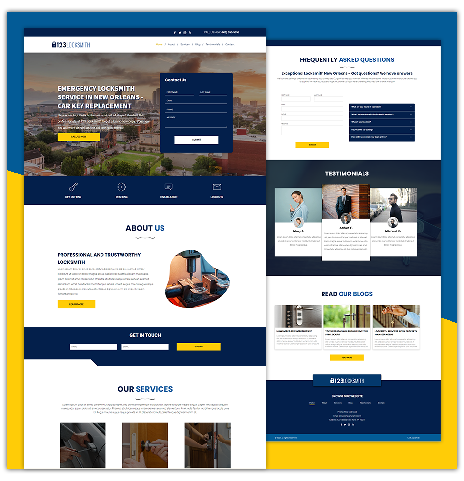 A screenshot of a website with a blue and yellow background.