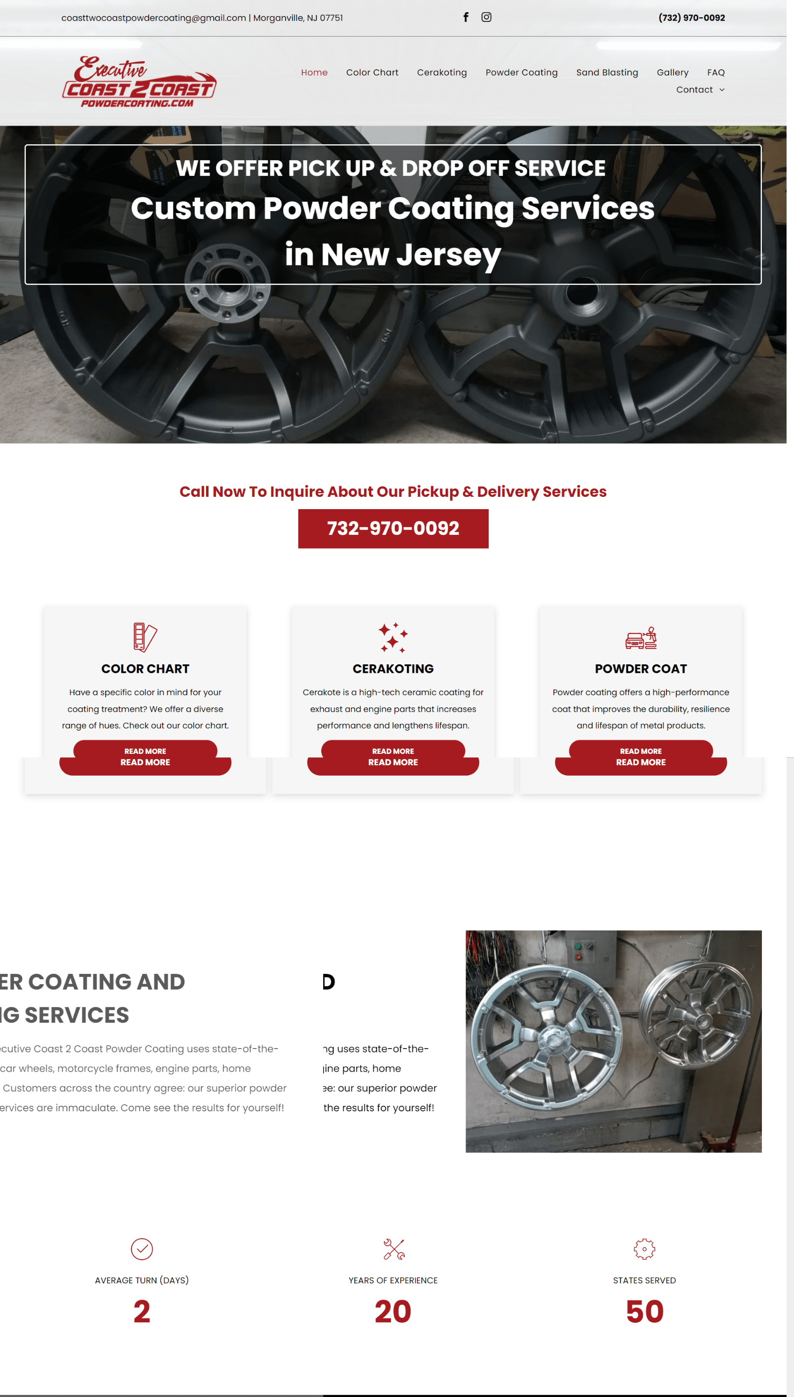 A screenshot of a website for custom powder coating services in new jersey.