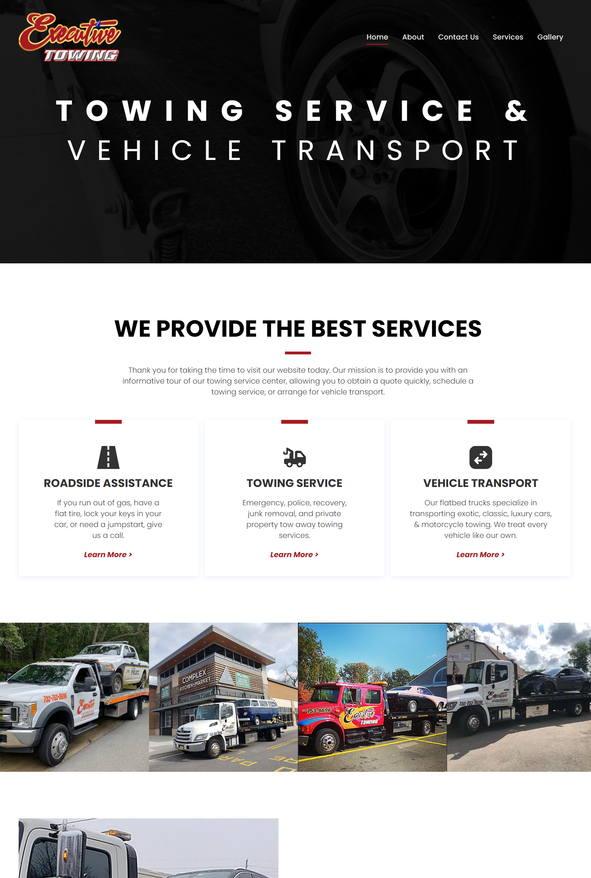 A screenshot of a website for towing service and vehicle transport.