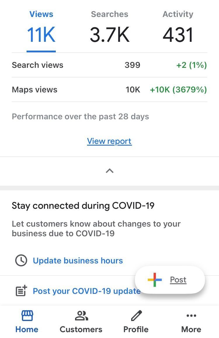 A screenshot of a google business page showing the number of views , searches , activity , and maps views.