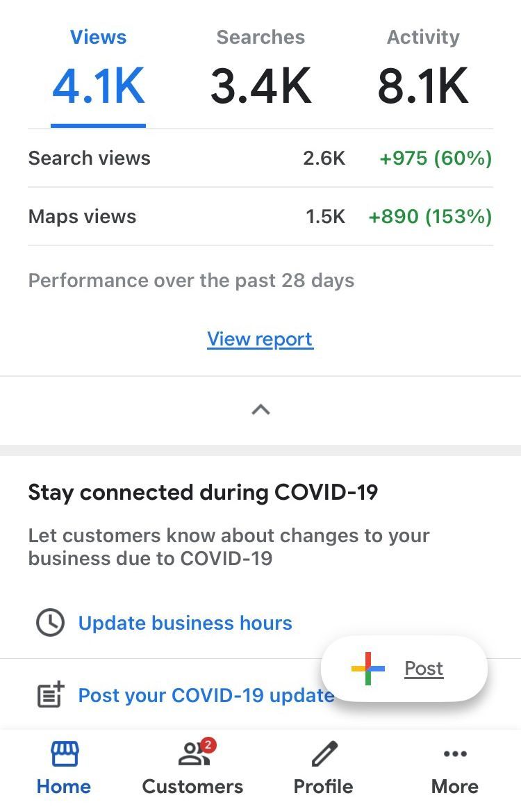A screenshot of a google business page showing the number of views , searches , activity , and performance over the past 28 days.