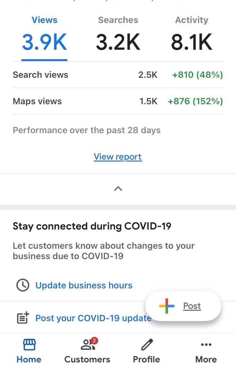 A screenshot of a google analytics page showing the number of views , searches , activity , and maps views.