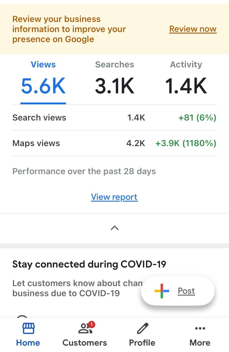 A screenshot of a google business page showing the number of views , searches , activity , and maps views.