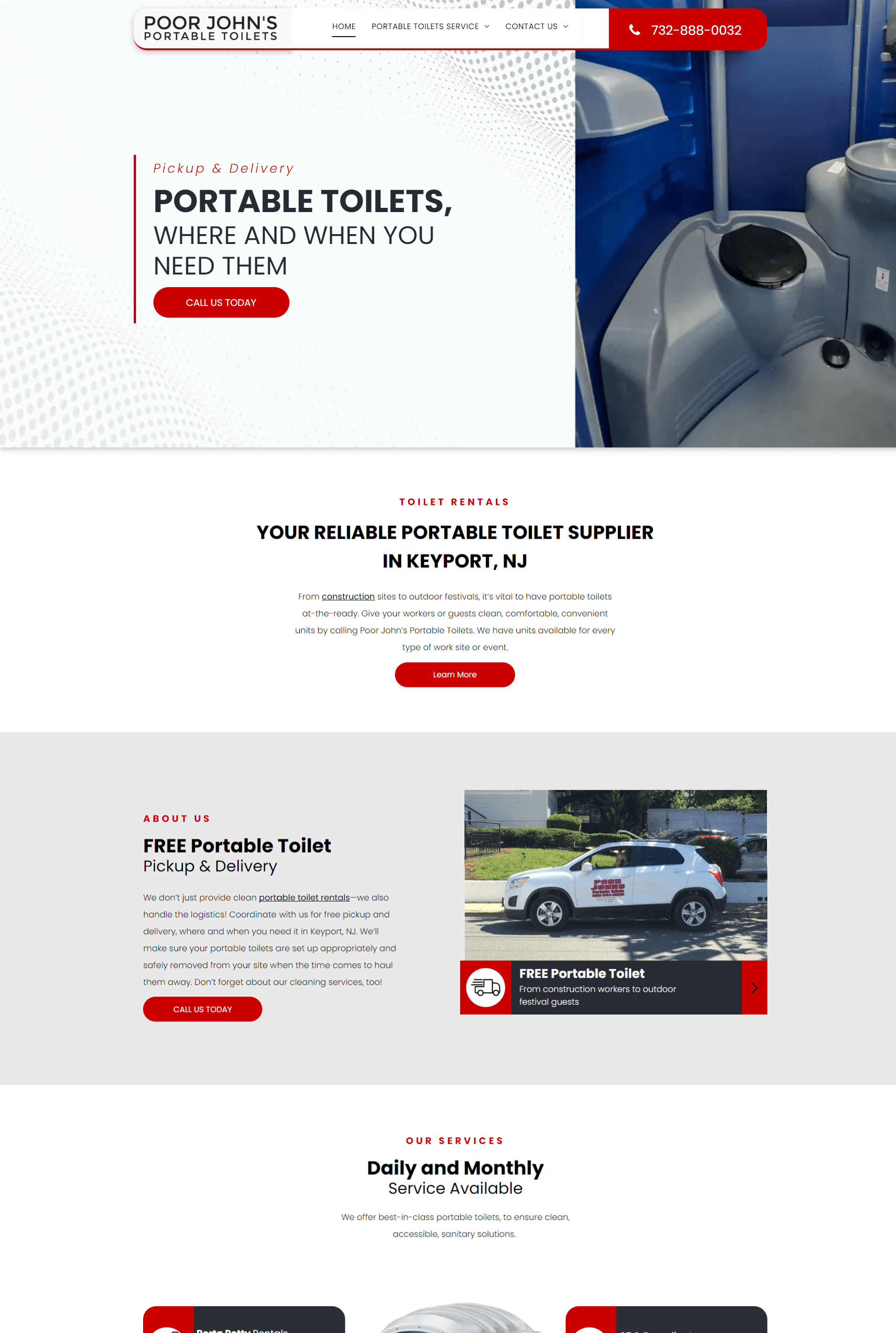 A screenshot of a website for portable toilets.