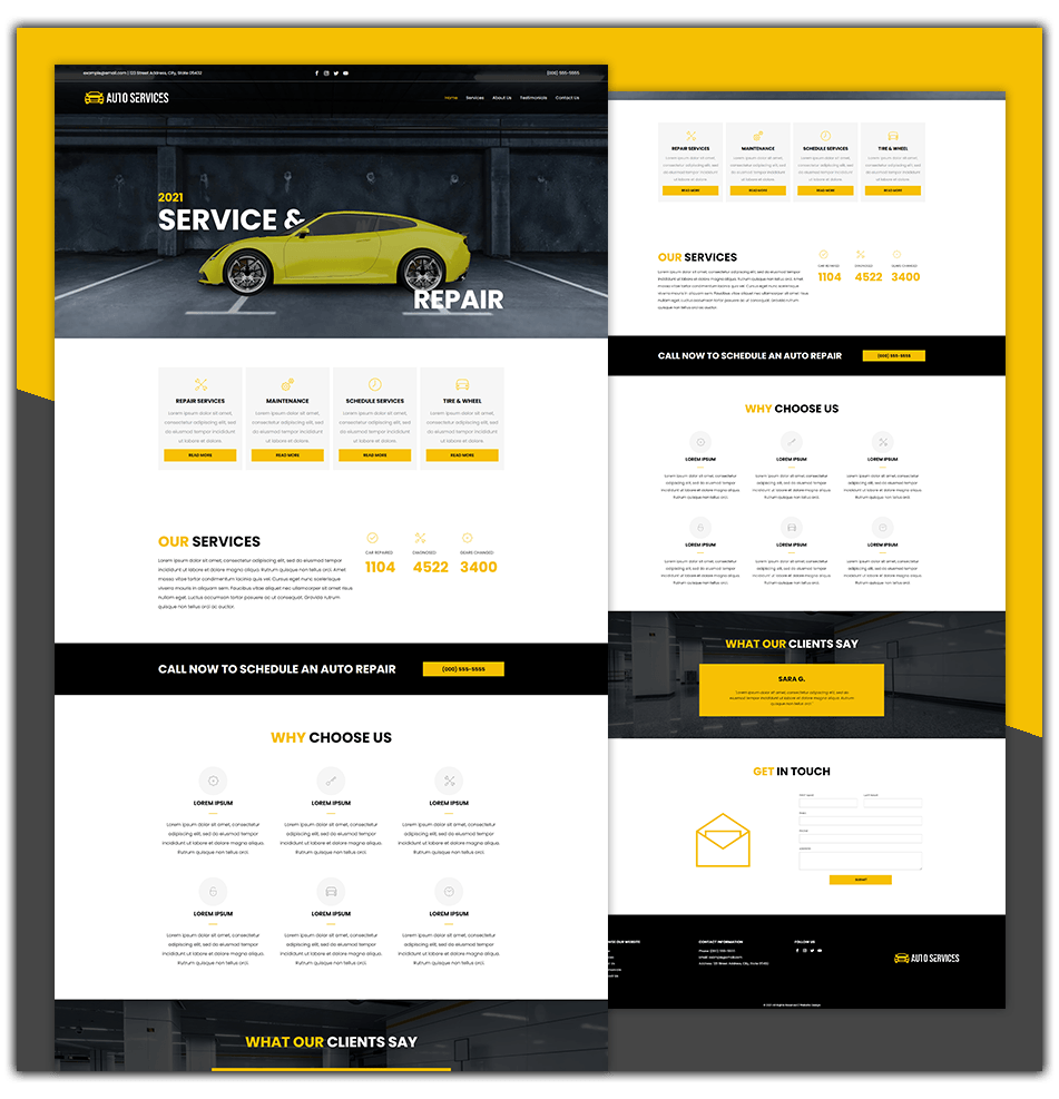 A landing page for a car repair company with a yellow car on it.