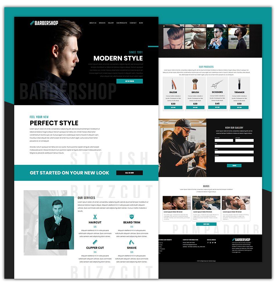 A website for a barber shop with a man getting his hair cut