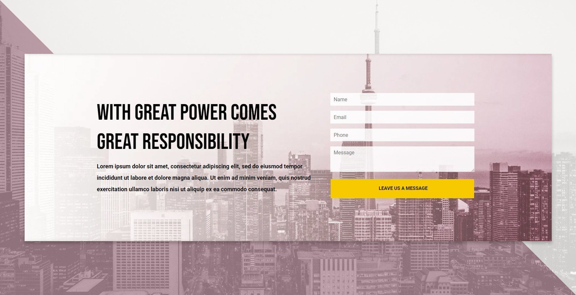 A banner with a city skyline and the words `` with great power comes great responsibility ''