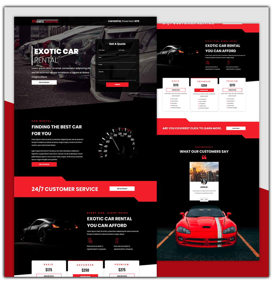 A landing page for an exotic car rental company