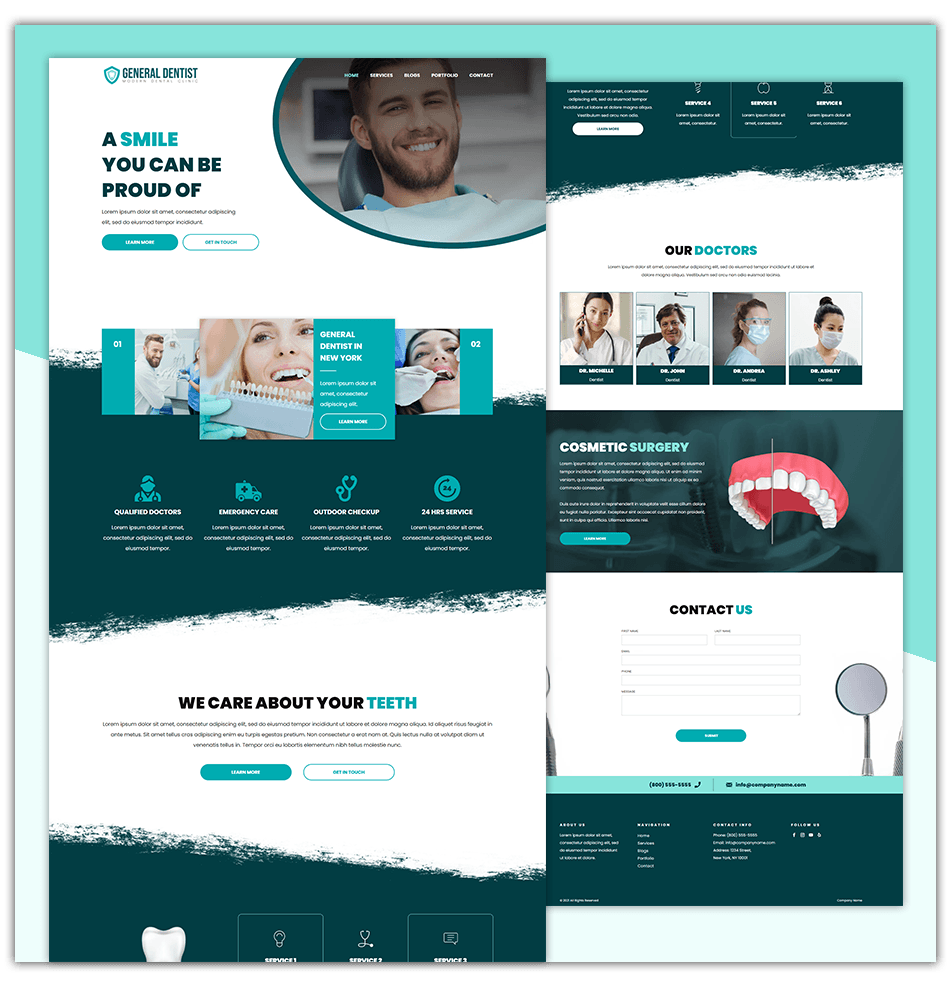 A dental website with a man in a dental chair and a woman in a dental chair.