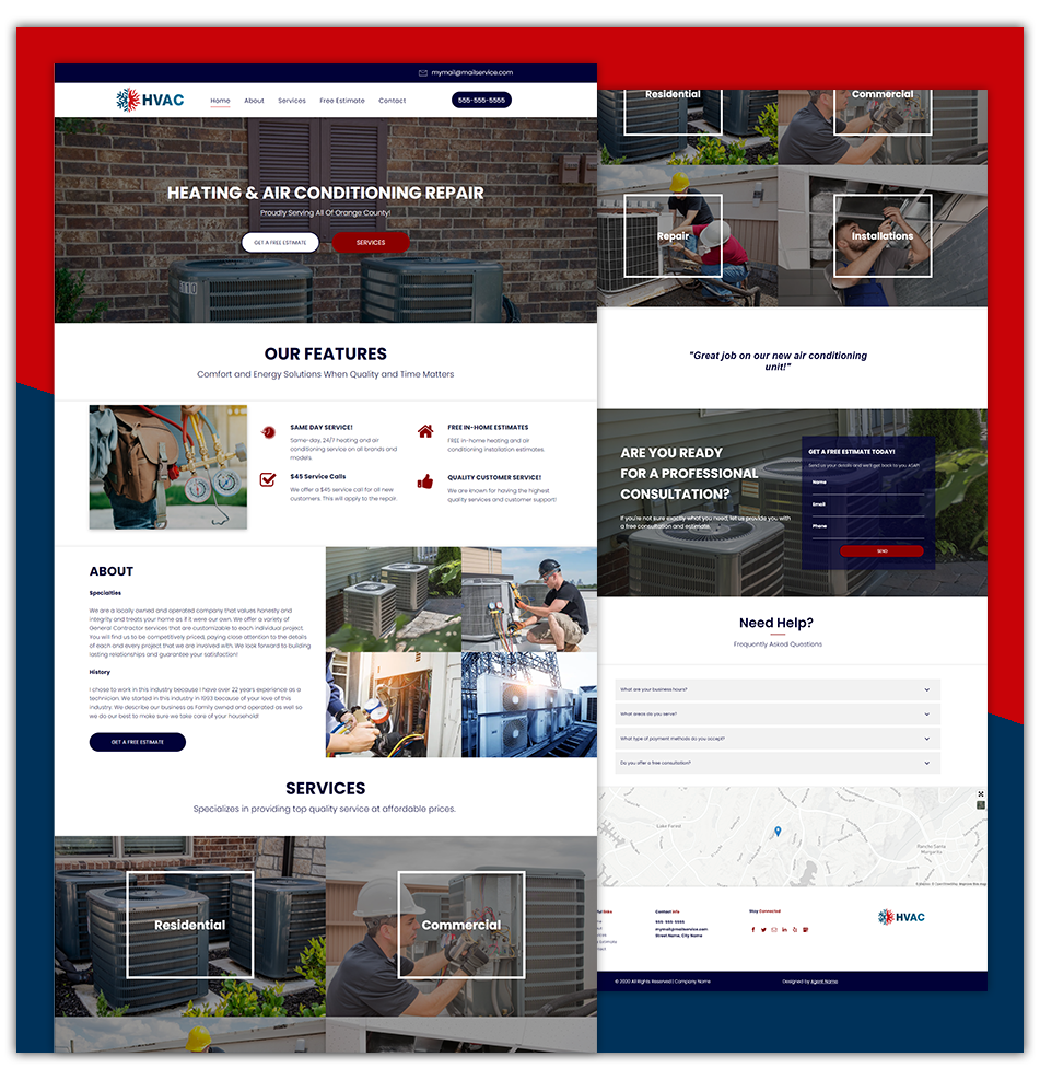 A collage of images of a website for a heating and air conditioning company.