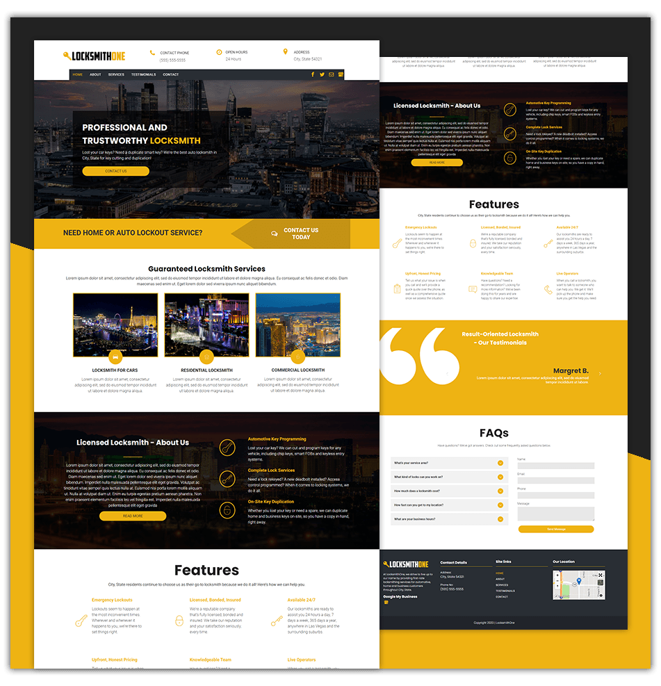 A collage of images of a website with a city in the background.