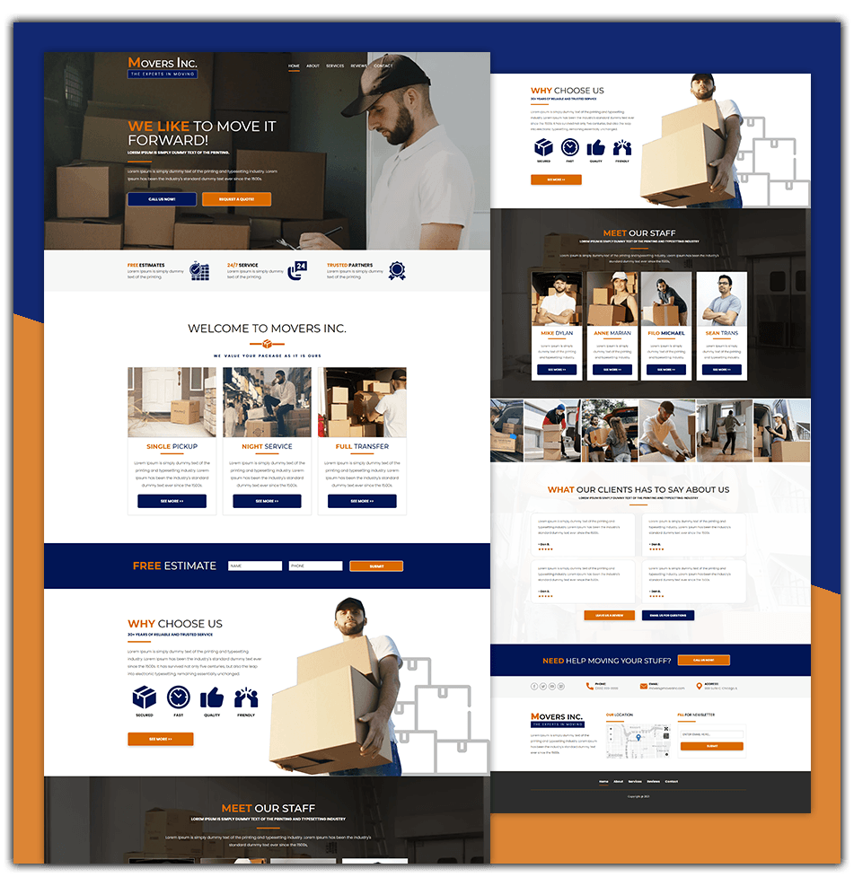 A man is carrying a box on his back on a moving company website.