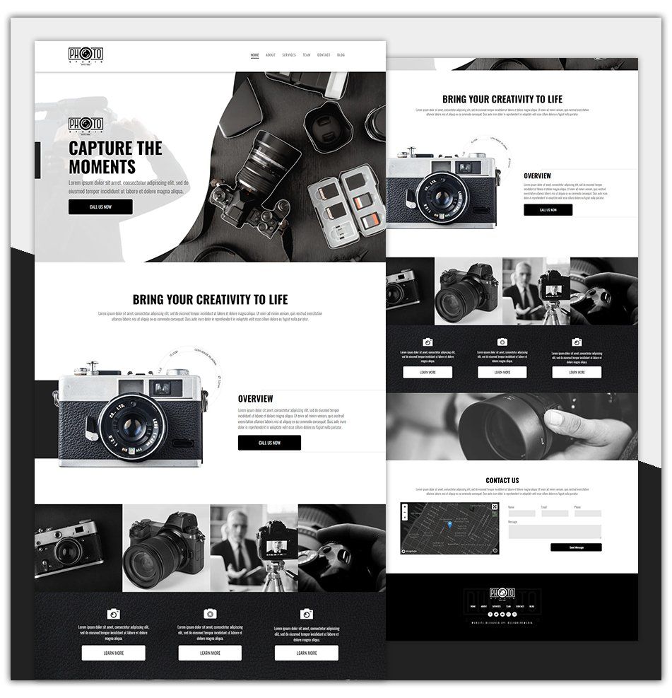 A black and white photo of a person holding a camera on a website.