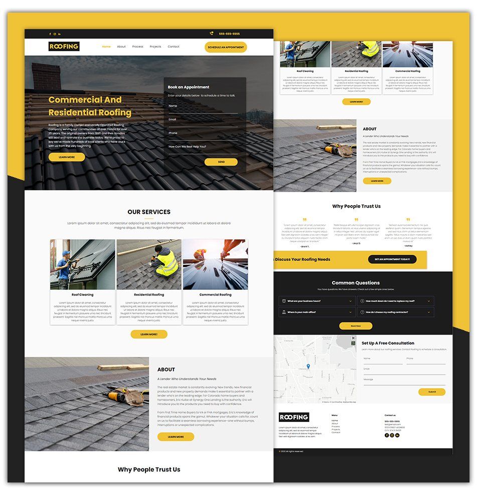 A collage of images of a website for a roofing company.