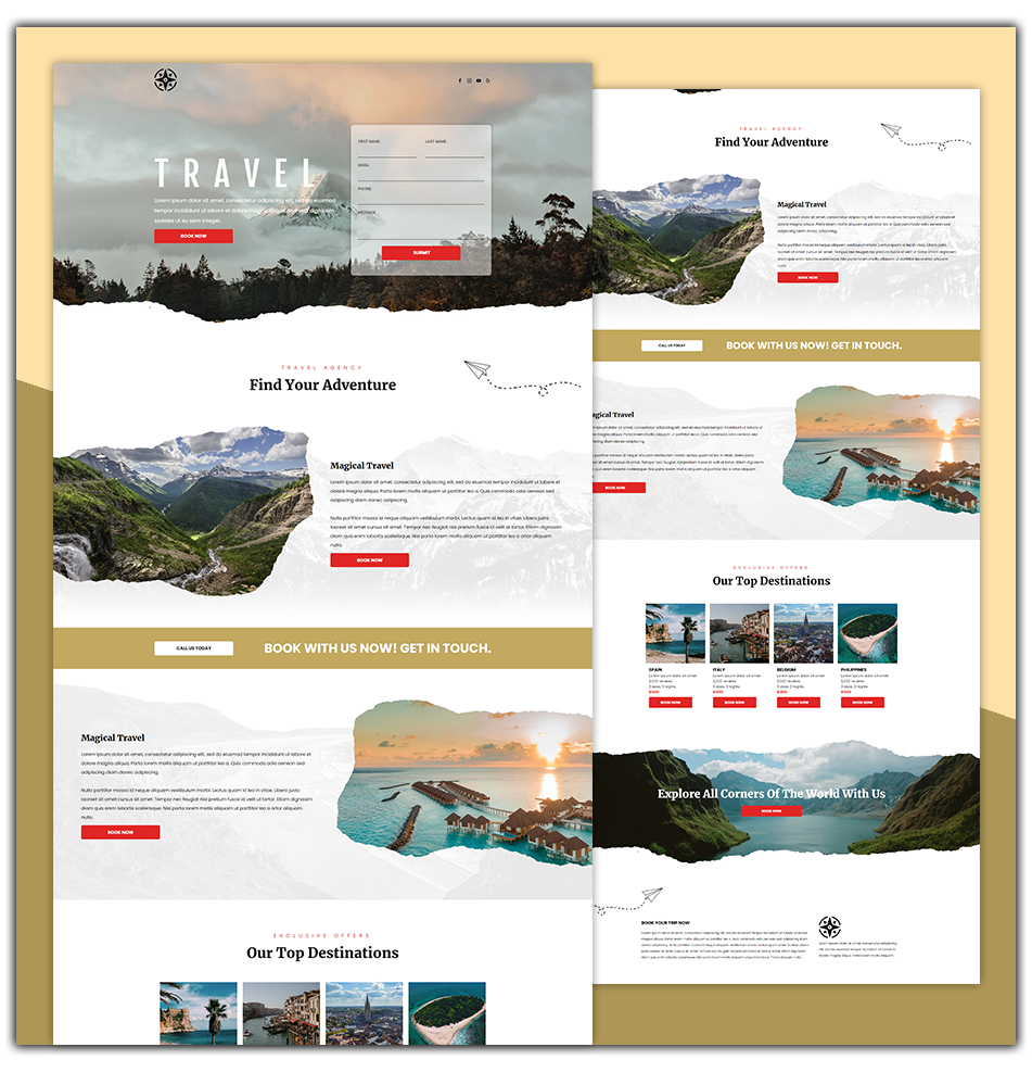 A landing page for a travel website with mountains and a waterfall.
