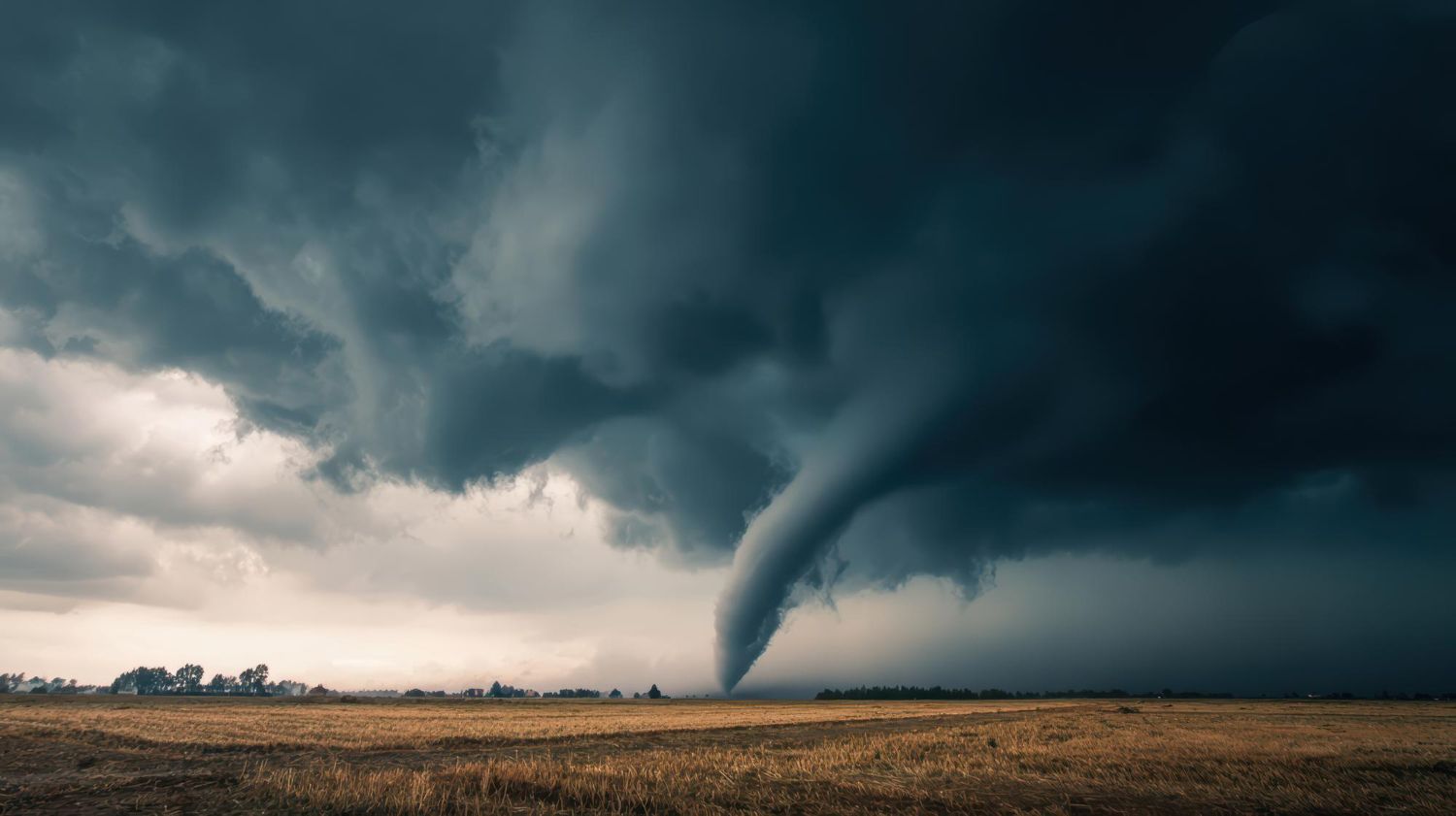 Tornado funnel descending from dark storm clouds over a flat, brown field
