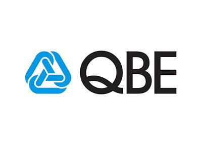 Blue triangular logo next to black “QBE” text on a white background