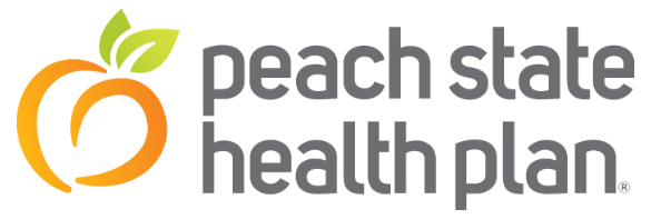 The logo for the peach state health plan shows a peach with leaves on it.