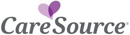 A logo for care source with a purple heart in the middle.
