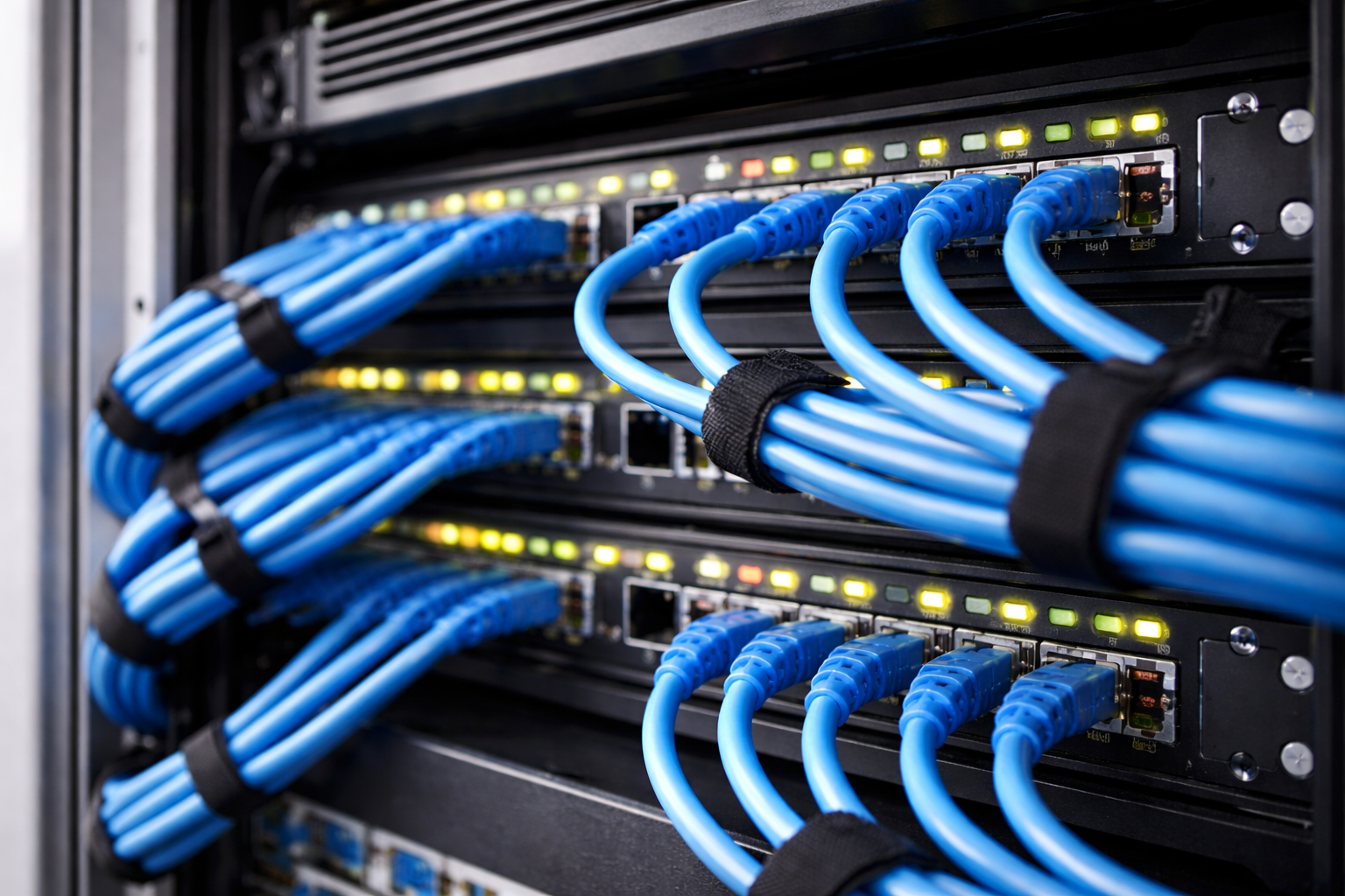 Network server rack with multiple devices, cables neatly bundled in blue and yellow, organized.