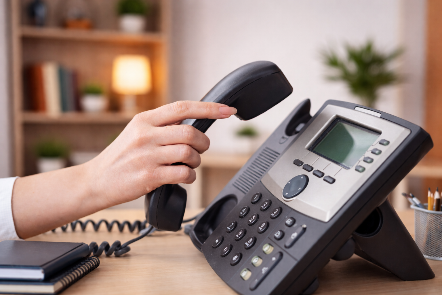 Woman wearing headset smiles, working at computer in office setting.