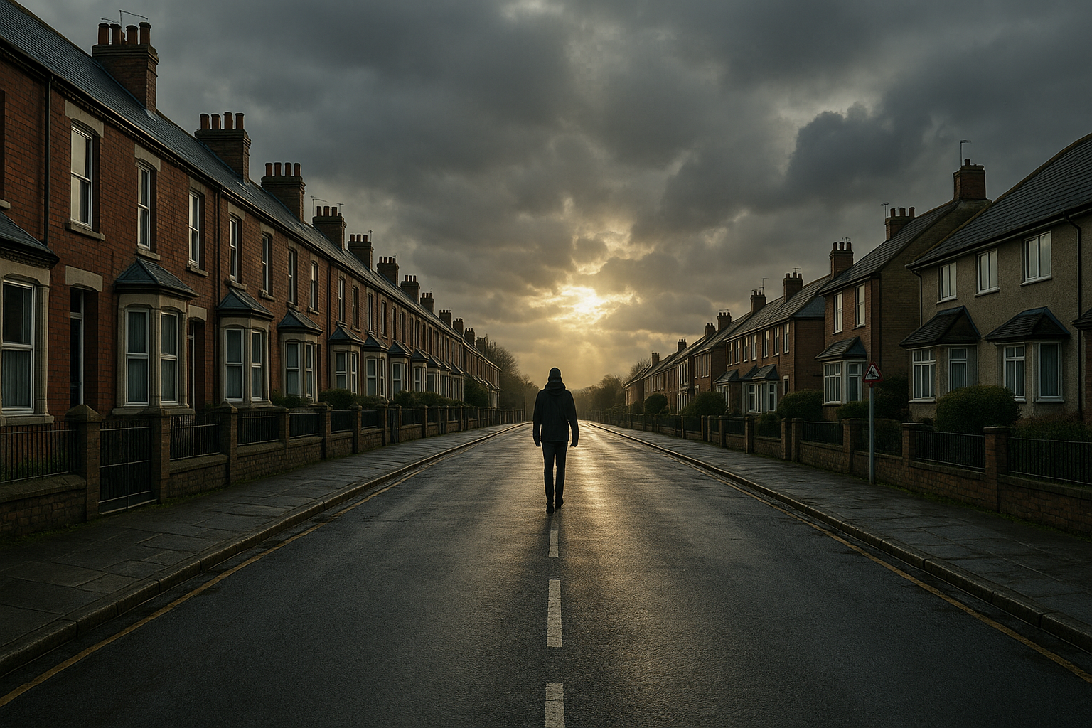 A person walks down a deserted road in a neighborhood, with the sun breaking through dark clouds.