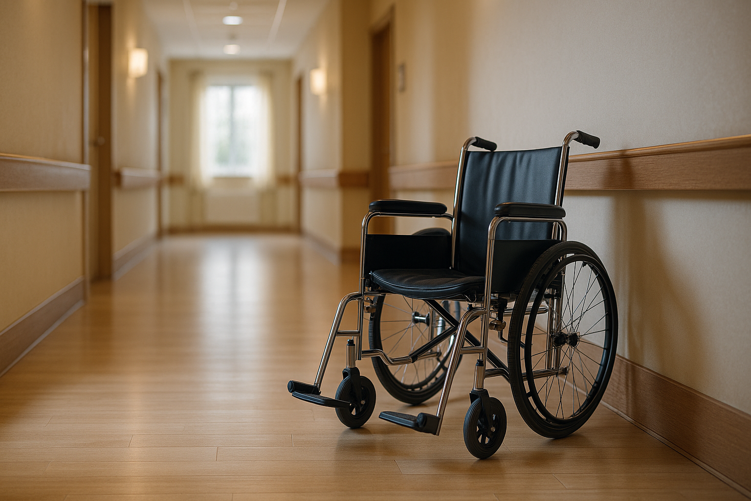 A wheelchair is parked in a hallway of a hospital.